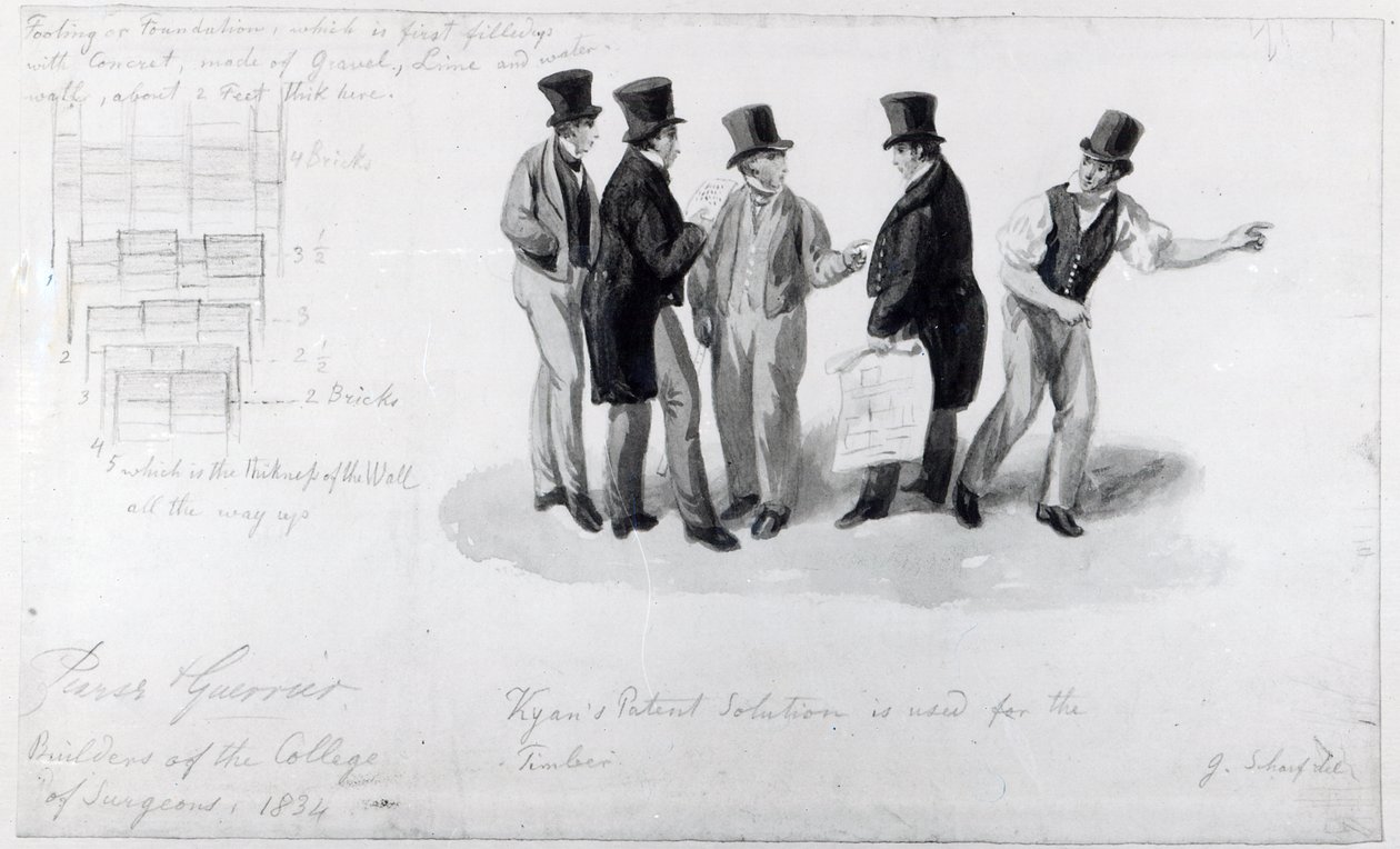 Kraliyet Cerrahlar Koleji binasında inşaatçılar, sörveyörler ve mimarlar, 1834 by George Snr Scharf