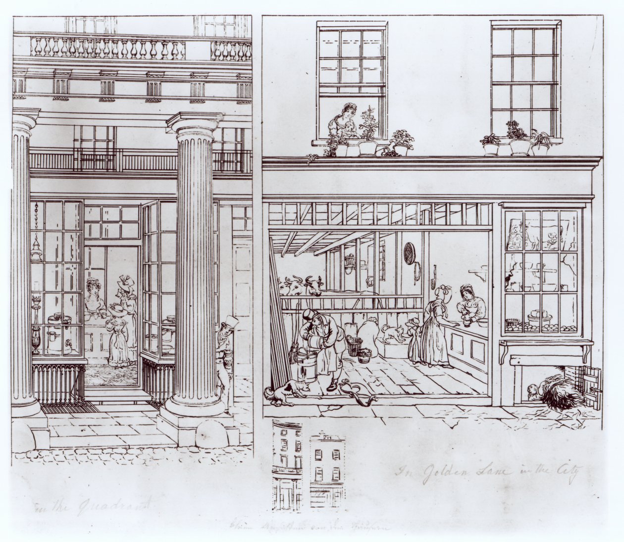 The Quadrant, Regent Street ve Golden Lane, Londra, c.1829 (kağıt üzerine kalem) by George Snr Scharf