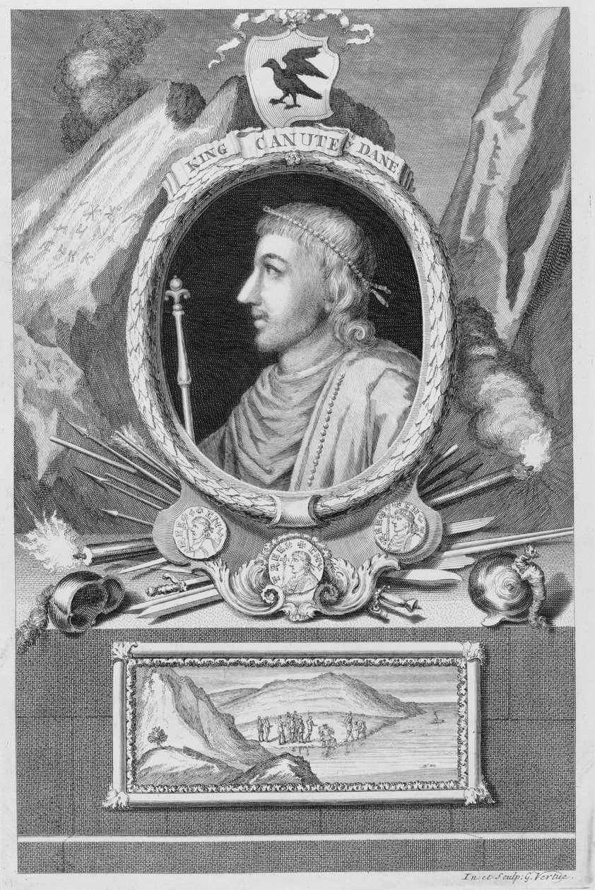 Büyük Canute (d.1035) İngiltere, Danimarka ve Norveç Kralı, sanatçı tarafından oyulmuş by George Vertue