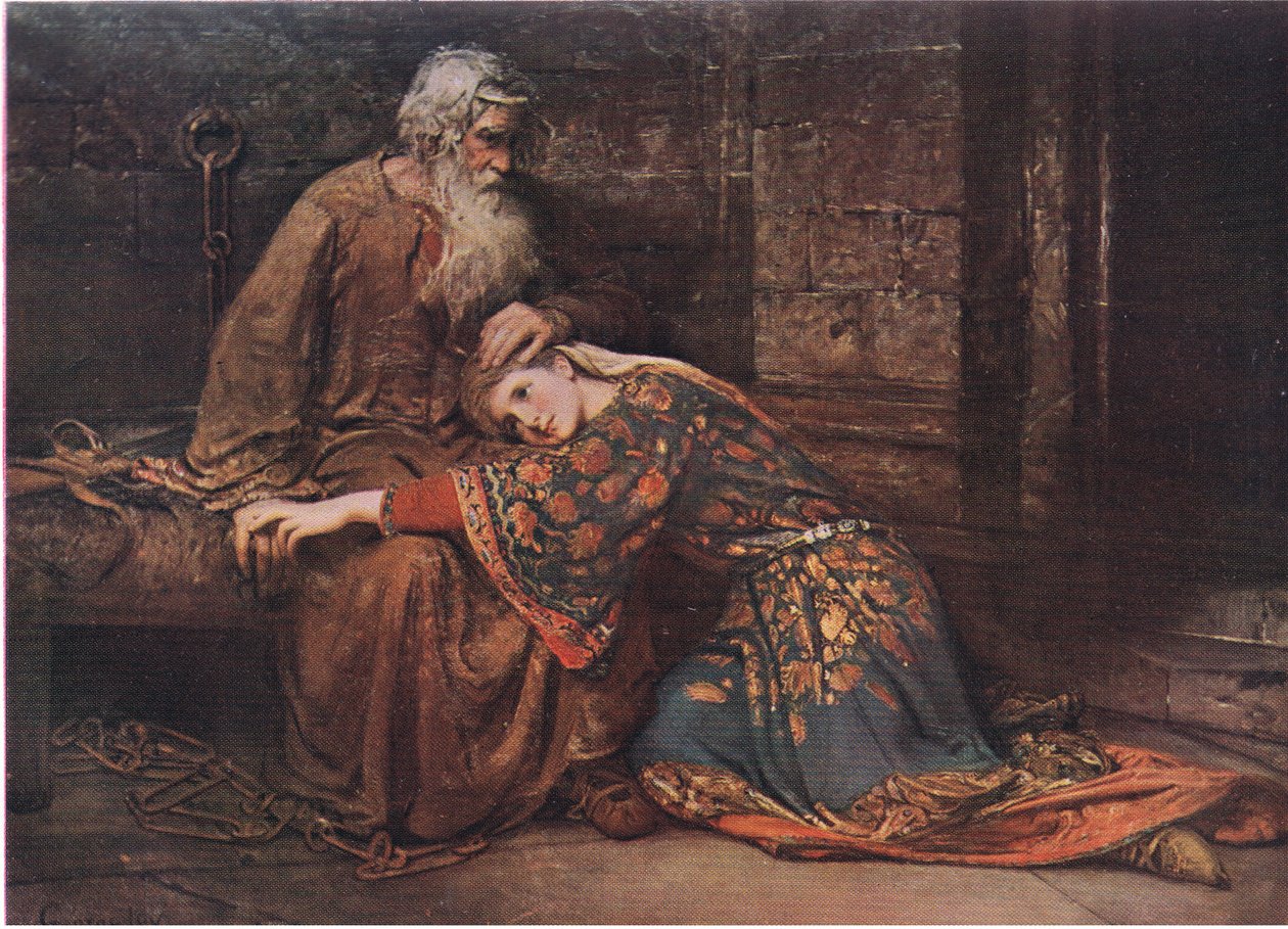 Cordelia comforting King Lear in prison (King Lear) We two alone will sing like birds I the cage, from The Complete Works of William Shakespeare pub.by J Coker & Co Ltd  by George William Joy