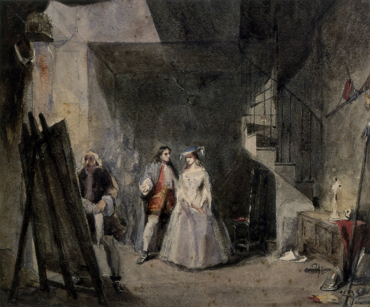 18. yüzyıl kostümlü figürlü bir sanatçı stüdyosunun içi by George attr. to Cattermole