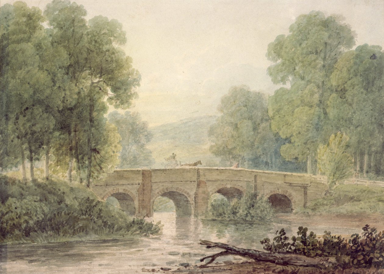 Nehir Üzerinde Taş Köprülü Odunsu Manzara (suluboya) by George the Younger Barret