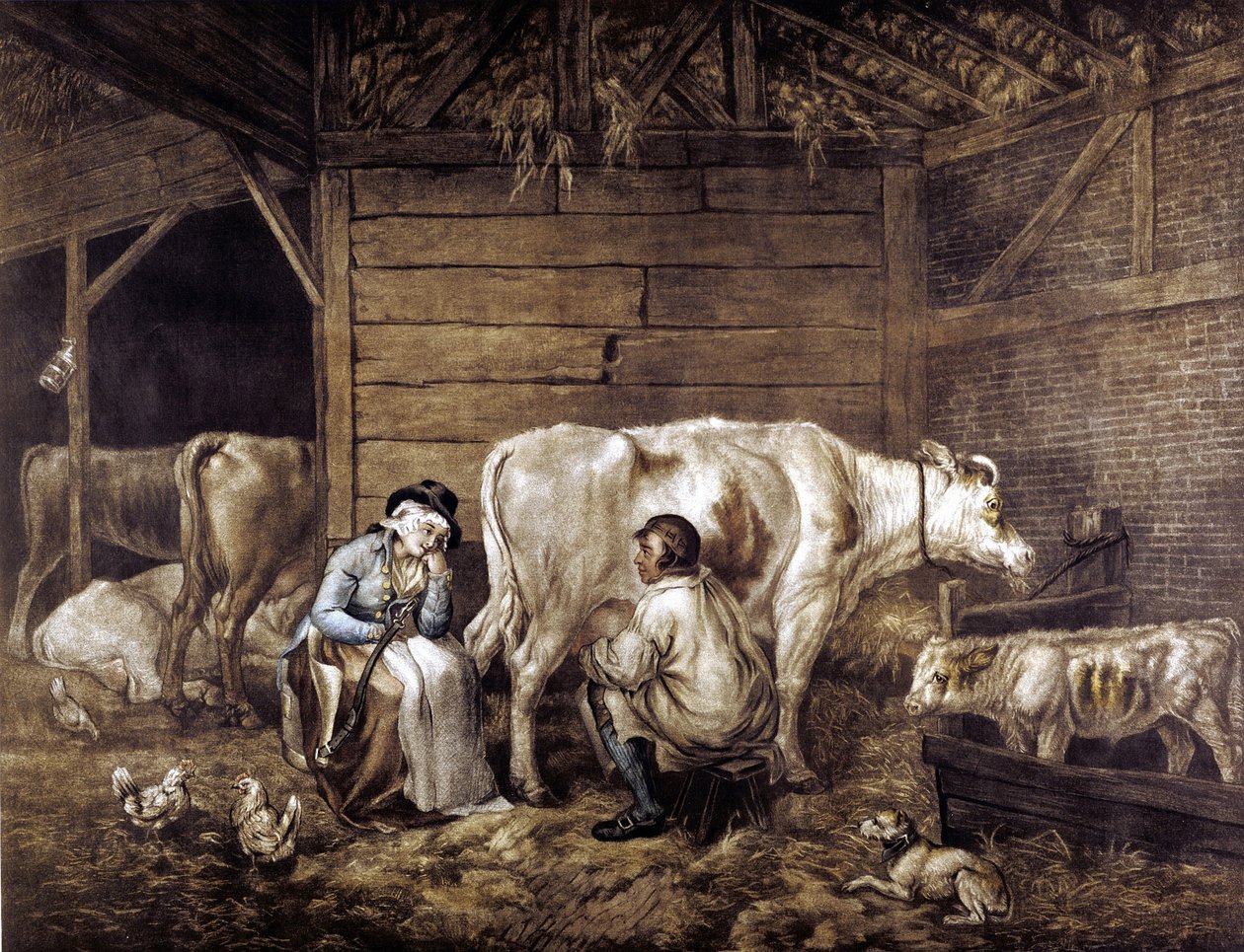 İngiliz ressam George Morland'ın (1763-1804) anısına The Cowshed mezzotint. İnek kovaya süt sağıyor. Sütçü kız, üzerinde kovaların taşıdığı boyunduruğu tutarak bekler. Samanlık: Fener: tavuklar. Sütçü kız 'güzel' çünkü Çiçek Hastalığı tarafında by George (after) Morland