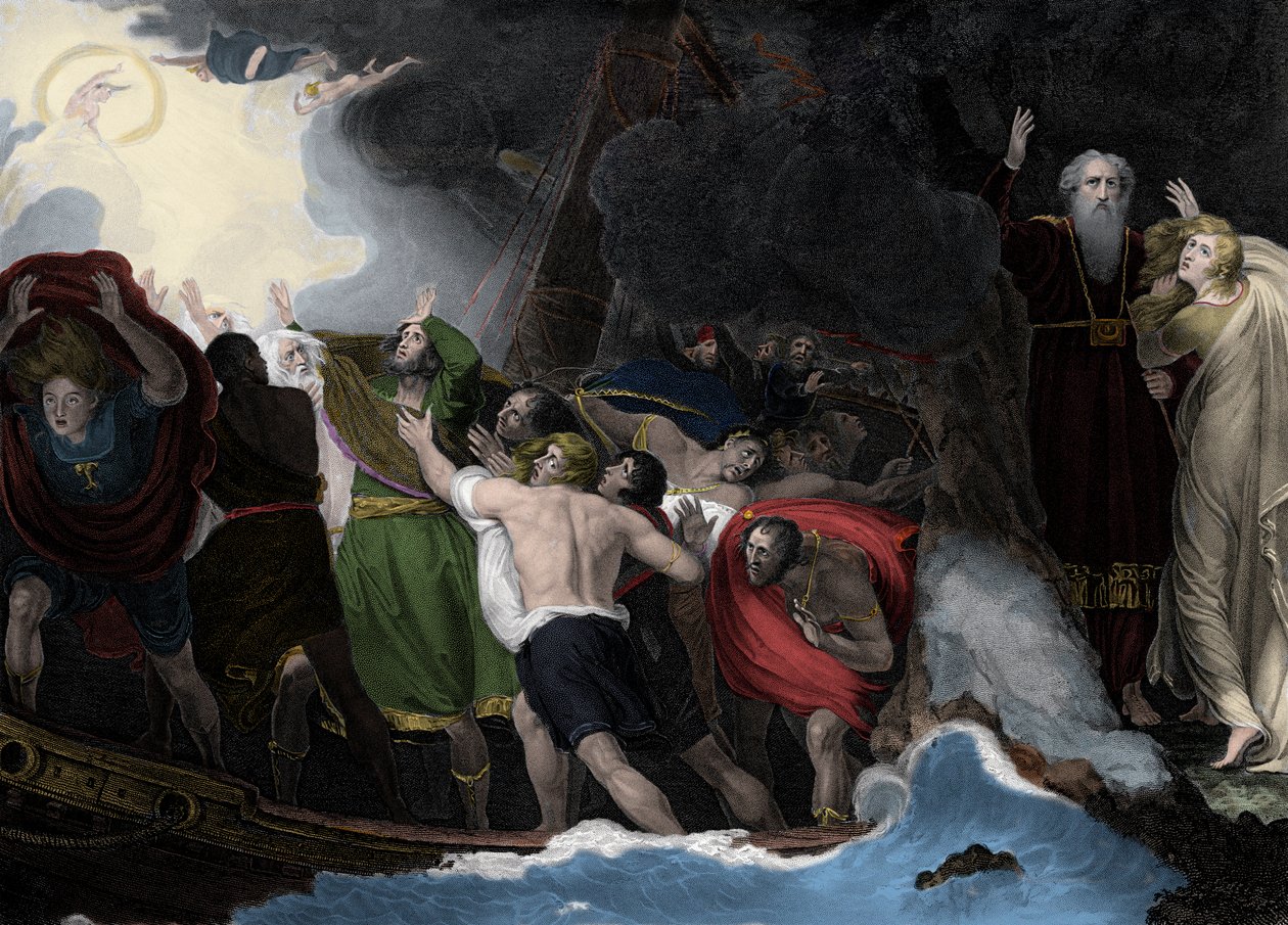 Prospero ve Miranda, sağda, denizciler batarken adada duruyorlar. by George (after) Romney