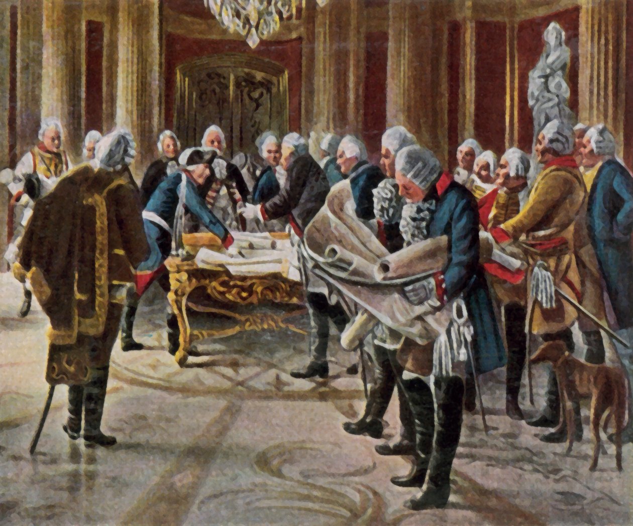 Büyük Frederick generalleriyle bir savaş konseyi düzenliyor, Ağustos 1756 (geliştirilmiş renkli taş baskı) by George (after) Schobel