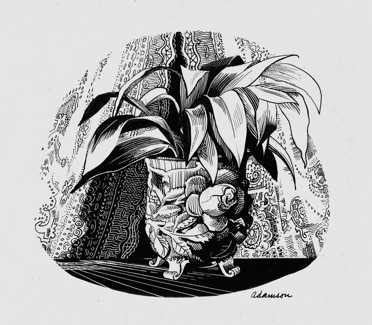 Bir Kasedeki Aspidistra, 1950'ler (tahta üzerinde Hint mürekkebi) by George Adamson