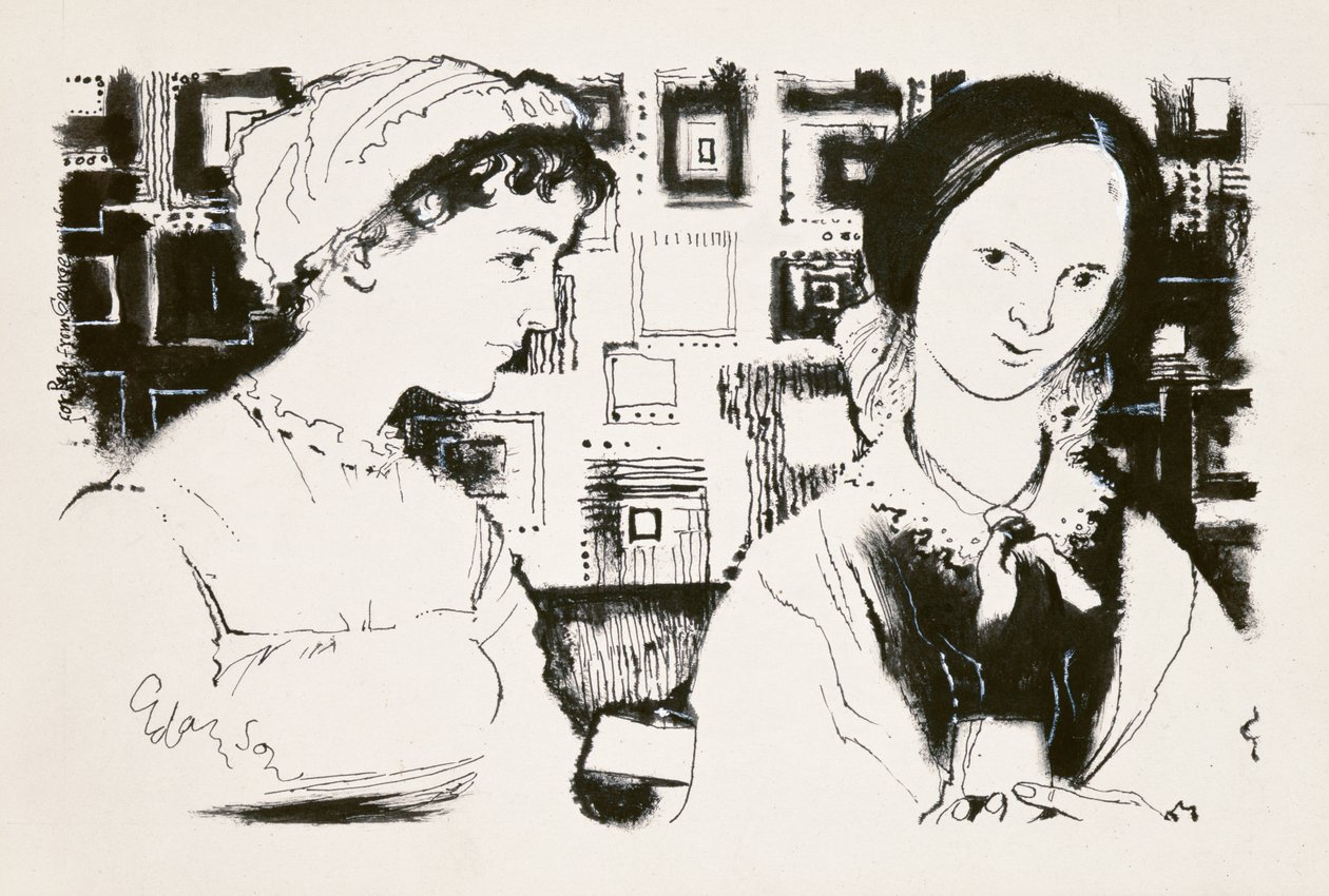 Jane Austen (1775-1817) ve Charlotte Bronte (1816-55) - hayali bir karşılaşma (gemide Hint mürekkebi) by George Adamson