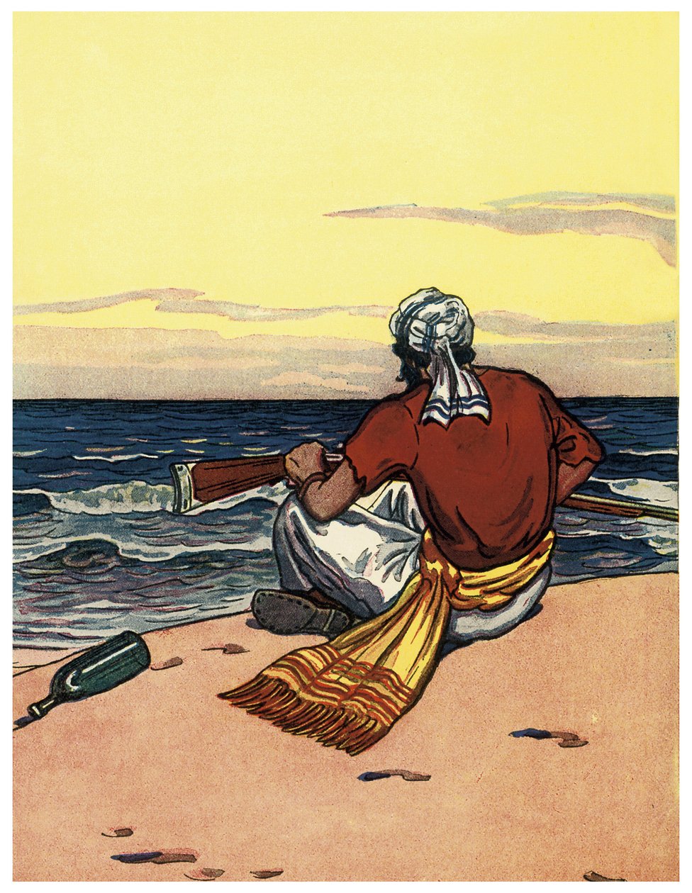 Bir korsan ıssız bir adaya düşer ve ufuk çizgisine bakar George Albert Williams (1875-1932) 1914 "The Boys Books of Pirates" by George Alfred Williams