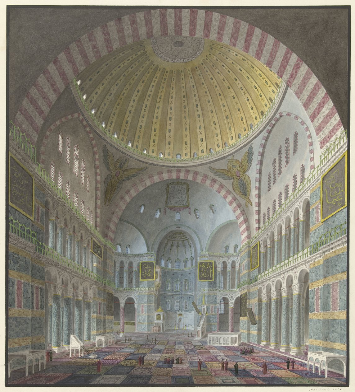 Diz çökmüş ve ayakta duran Türkler ile Ayasofya'nın içi by George Antoine Prosper Marilhat