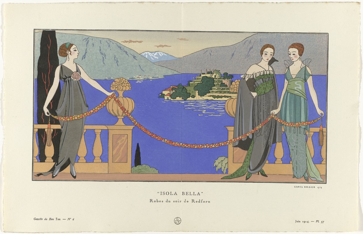 Gazette du Bon Ton, 1914 - No. 6, Pl. 57: Isola Bella/ Redfern imzalı gece elbiseleri (nesne üzerindeki başlık) by George Barbier