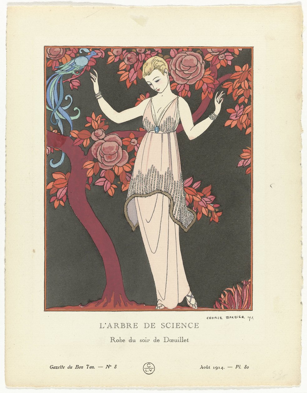 Gazette du Bon Ton 1914, No. 8, Pl. 80: Bilim Ağacı / Doeuillet'in gece elbisesi (nesne üzerindeki başlık) by George Barbier