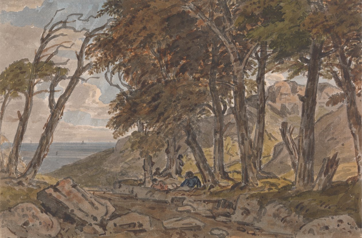Ormanlık Bir Yolun Kıyısındaki Figürler, Sol Uzakta Deniz by George Barret Jr.