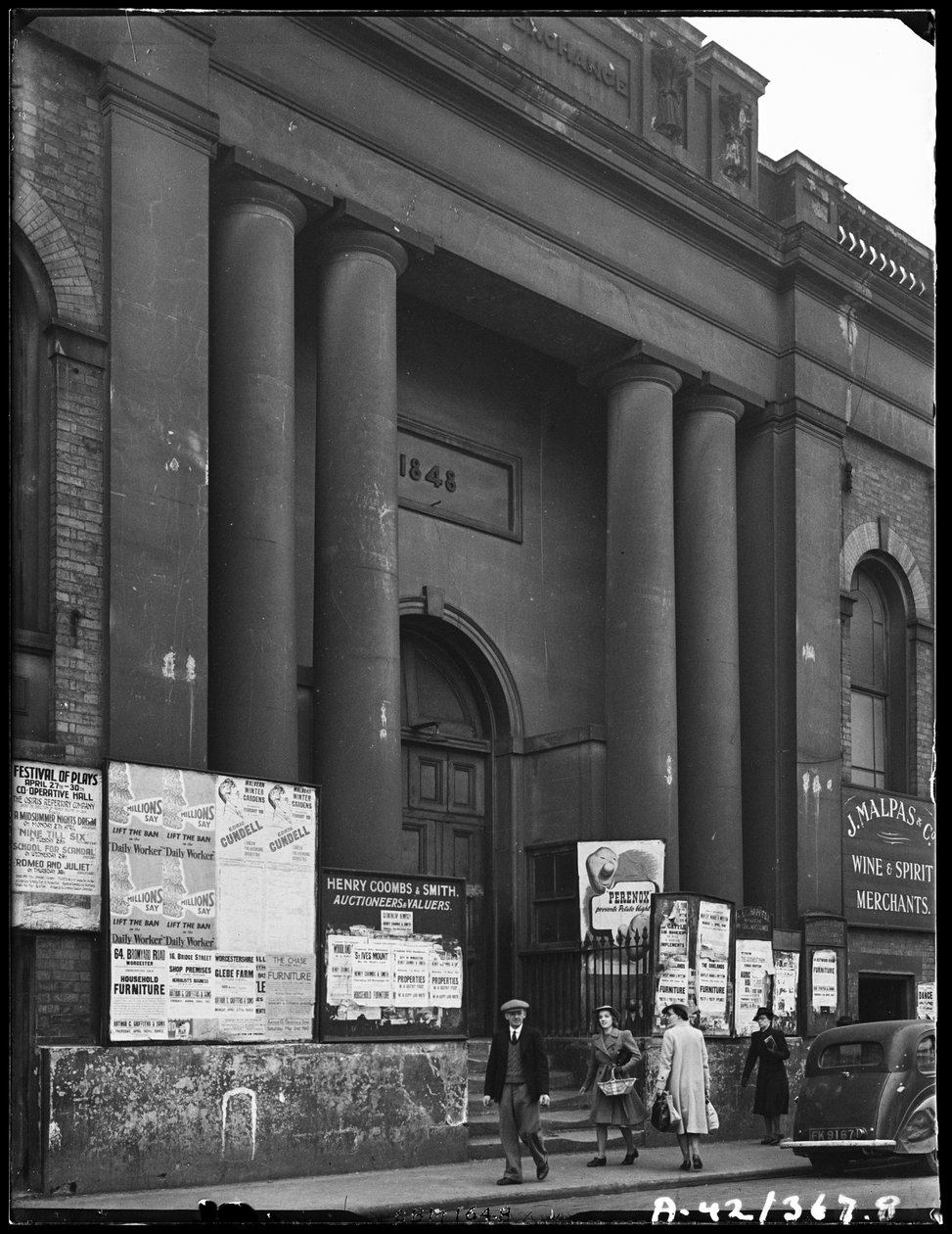 Corn Exchange, Angel Street, Worcester, Worcestershire, 1942. by George Bernard Mason