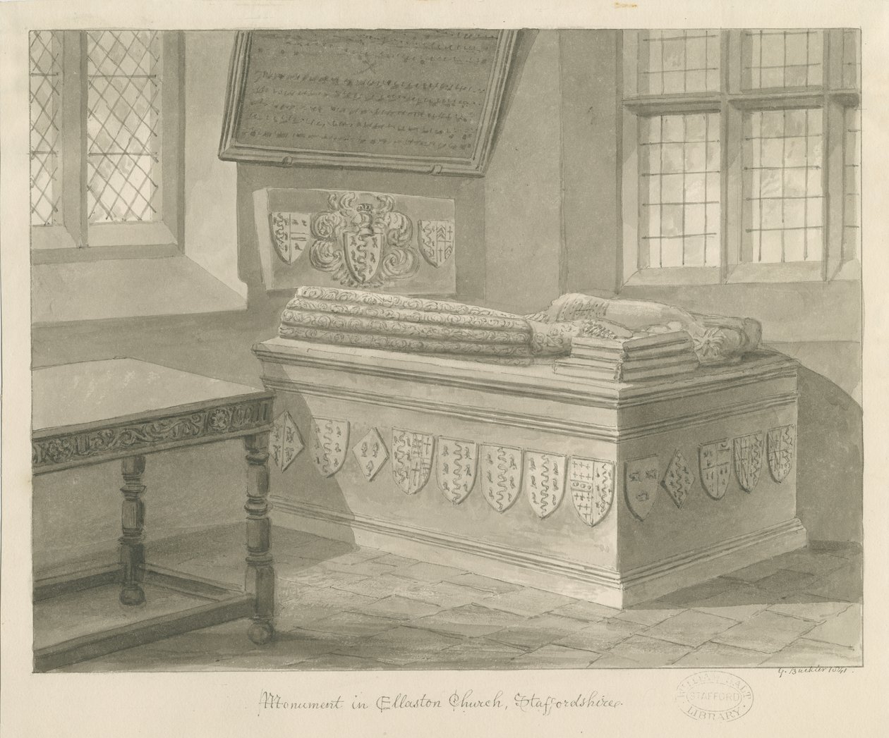 Ellastone Kilisesi - Sir John Fleetwood Anıtı: sepya çizimi, 1841 by George Buckler