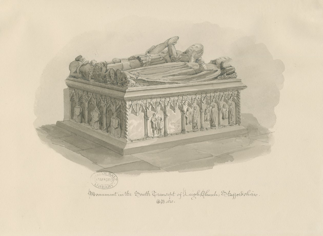 Leigh Kilisesi - Sir John Aston Anıtı: sepya çizimi, 1841 by George Buckler