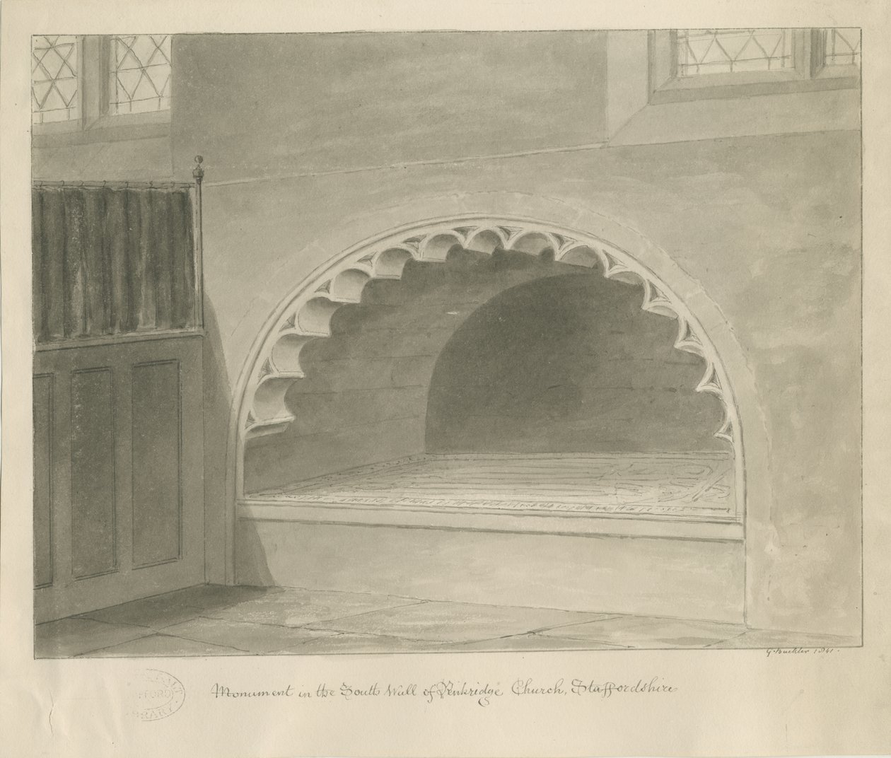 Penkridge Kilisesi - Güney Duvarındaki Anıt: sepya çizimi, 1841 by George Buckler
