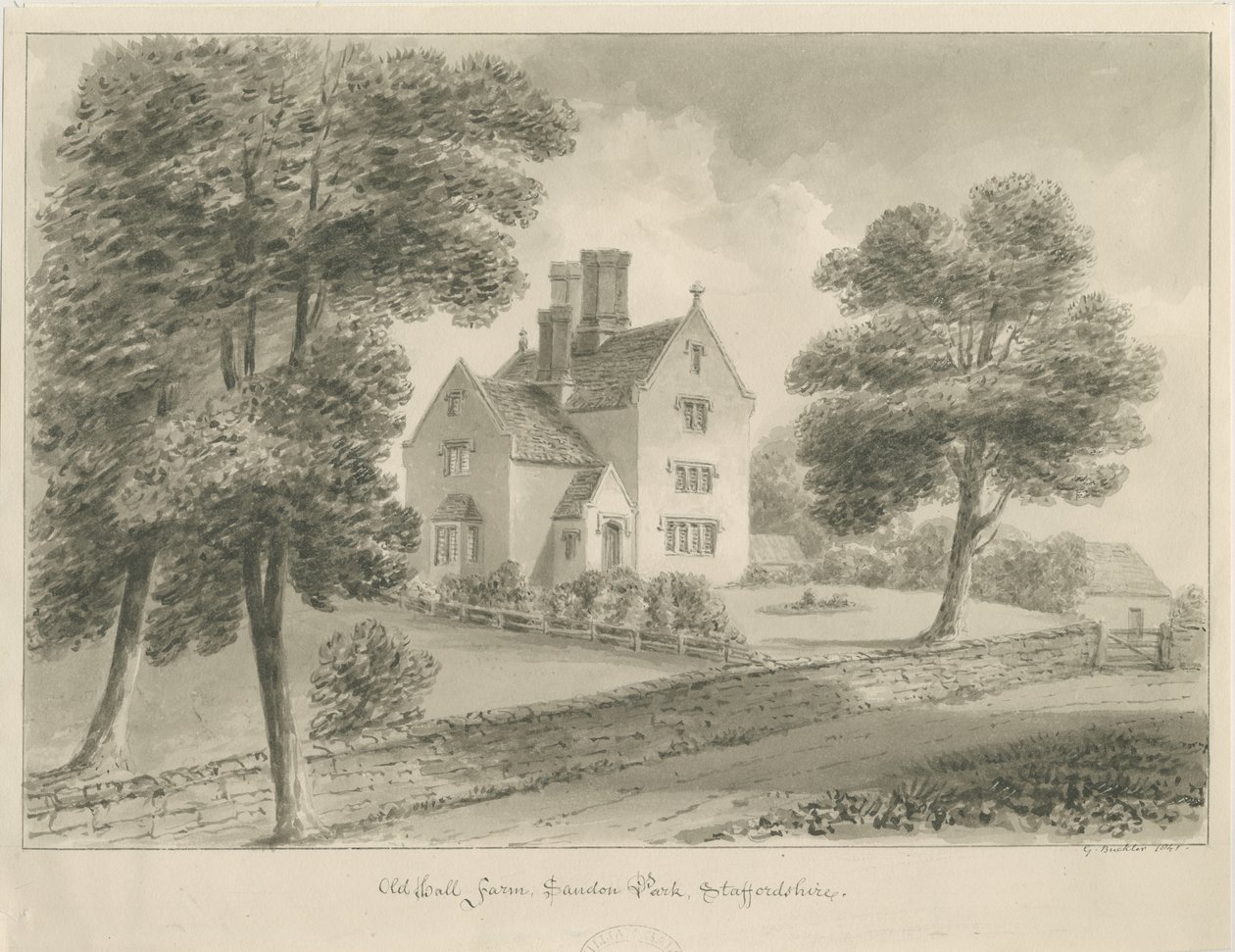 Sandon - Old Hall Farm: sepya yıkama çizimi by George Buckler