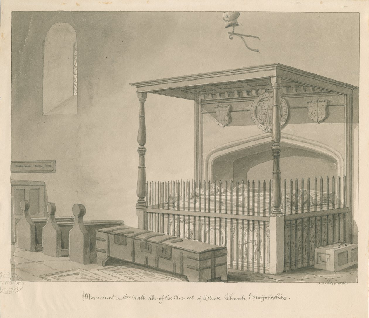 Stowe Kilisesi - Masa mezarı: sepya çizimi, 1841 by George Buckler
