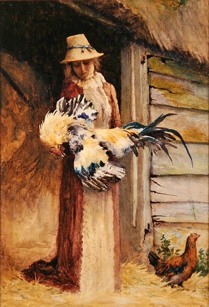 Horoz tutan bir kadın (kağıt üzerine sulu boya) by George Carline