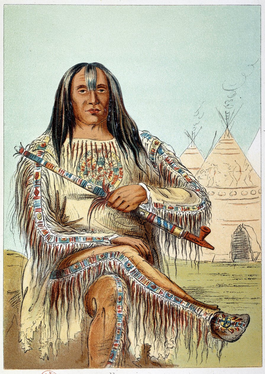 Amerikan Kızılderilileri: Karaayak kabilesinin (siyah ayaklar) bir liderinin portresi yaklaşık 50 yaşında. George Catlin