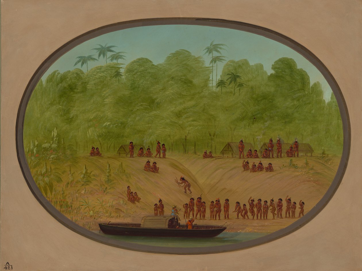 Bir Omagua Köyü - Tekne Kroki, 18541869. by George Catlin