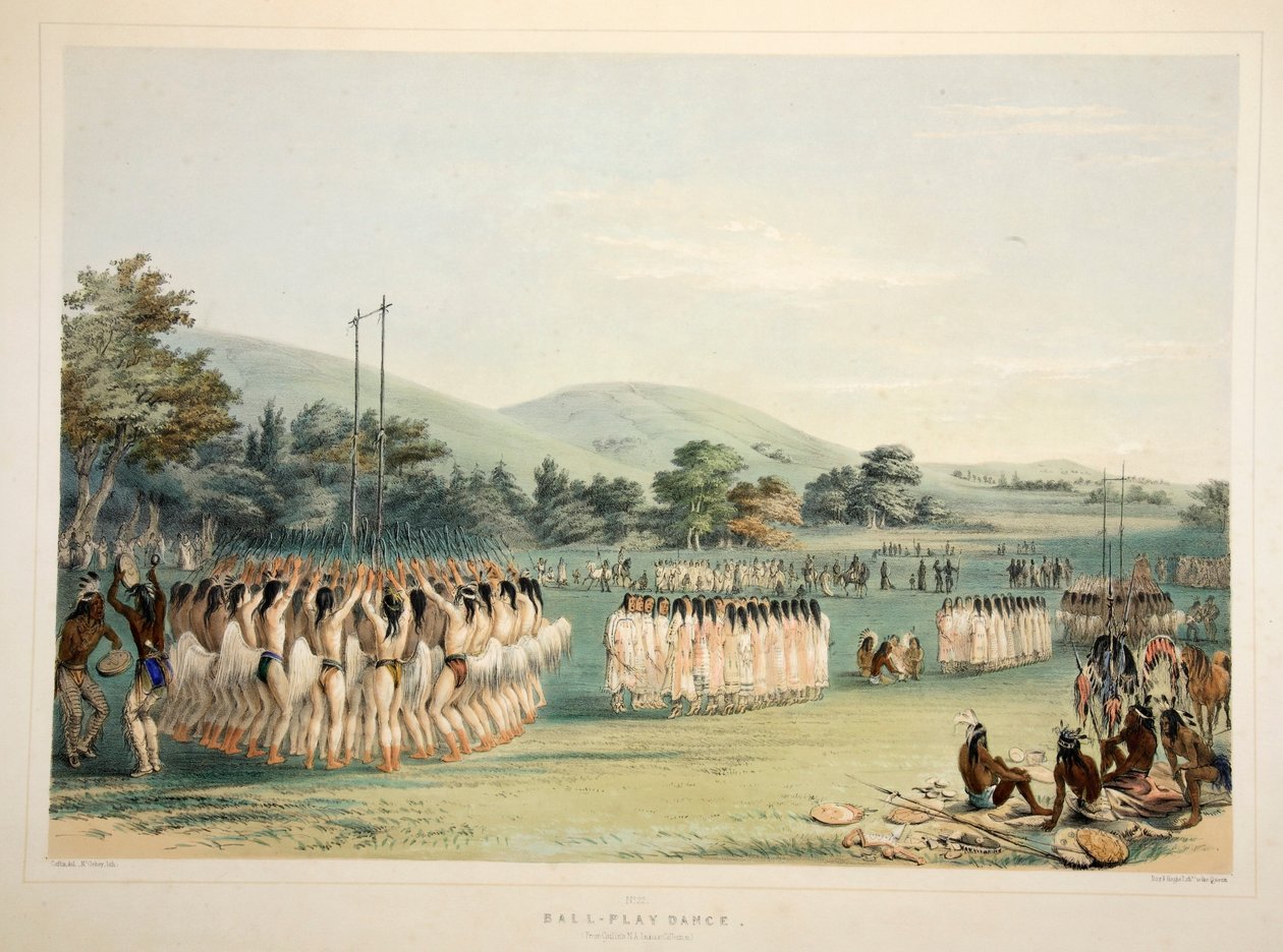 Top Oyuncu Dansı, pub. 1845 renkli litografi. by George Catlin