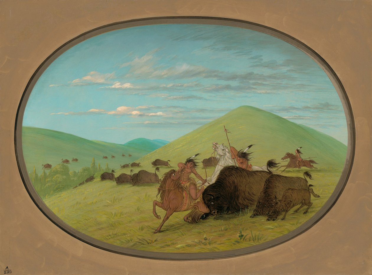 Buffalo Chase - Buzağıları Koruyan Boğalar, 18611869. by George Catlin