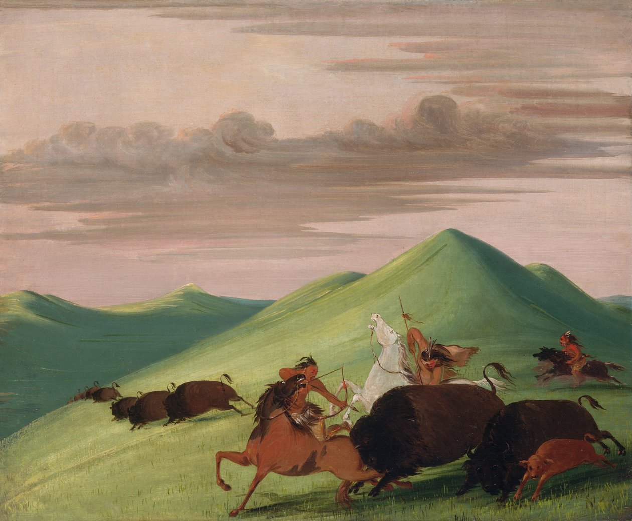 Buffalo Chase, Bir İnek ve Buzağıyı Koruyan Boğa, 1832-1833. by George Catlin