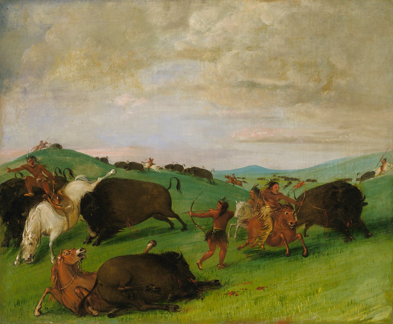 Buffalo Chase, İnsanlar ve Atlarla Savaşan Boğalar, 1832-1833. by George Catlin