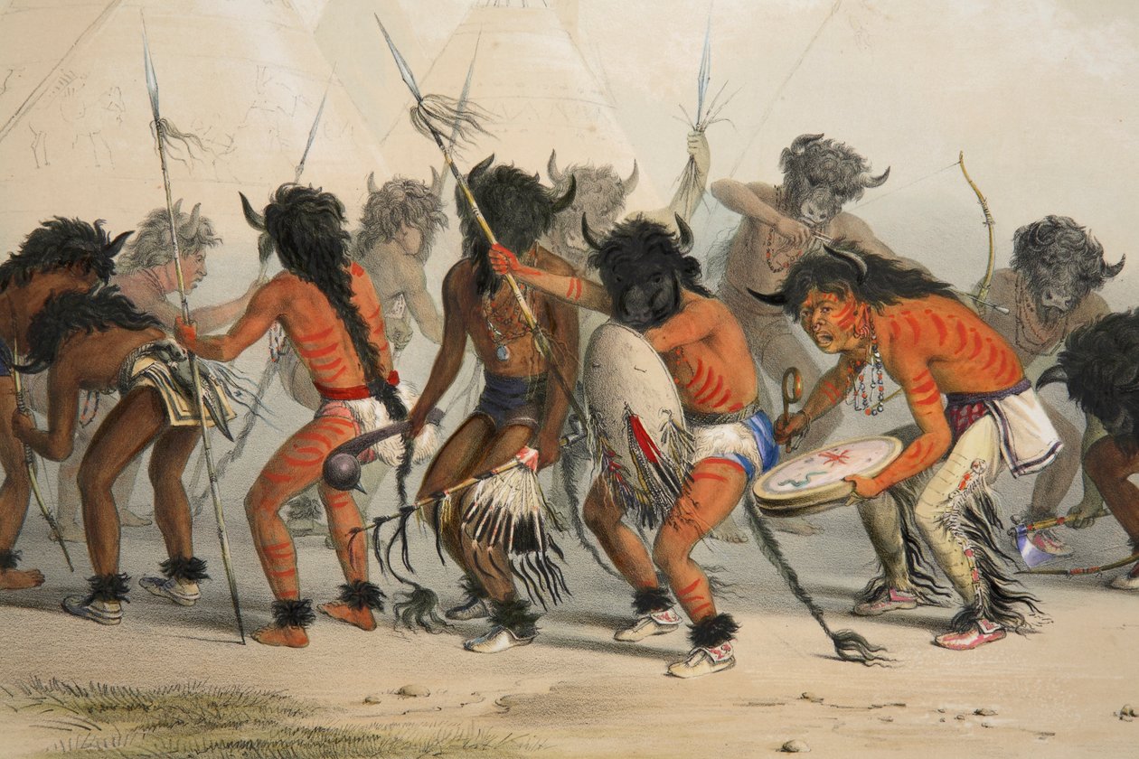 Buffalo Dance detay, pub. 1845 renkli litografi. by George Catlin