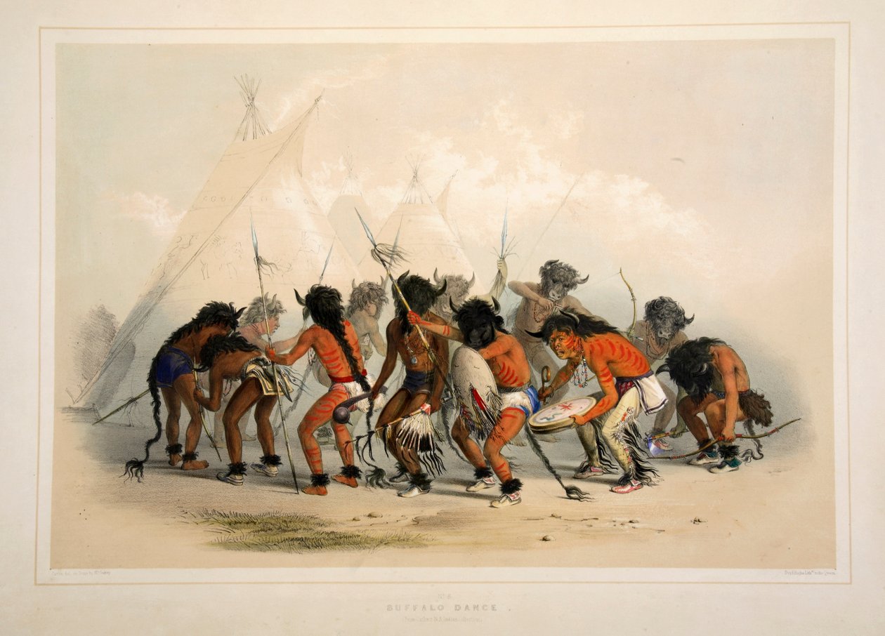 Bufalo Dansı, bar. 1845 renkli litografi. by George Catlin
