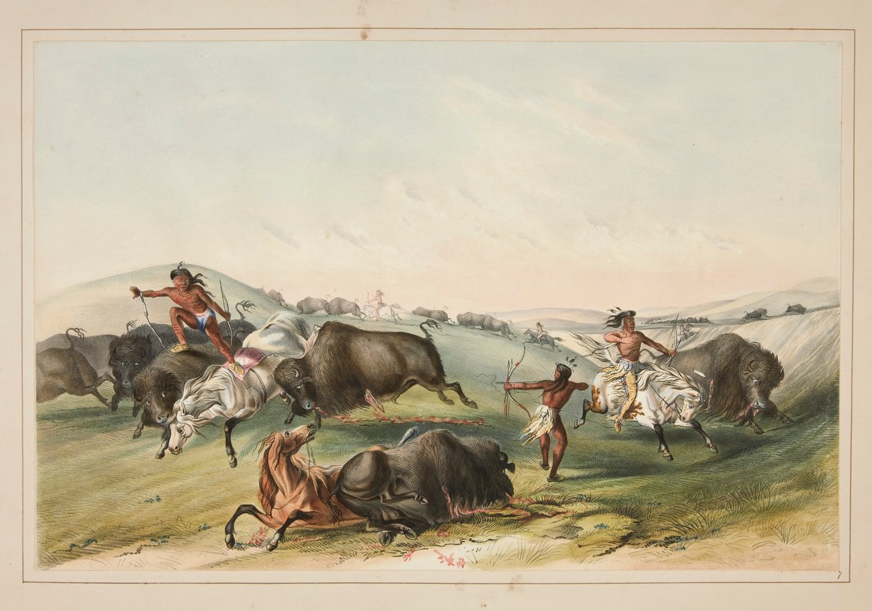 Buffalo Hunt, Chase, pl. Kuzey Amerika Kızılderili Portföyünden 7 by George Catlin