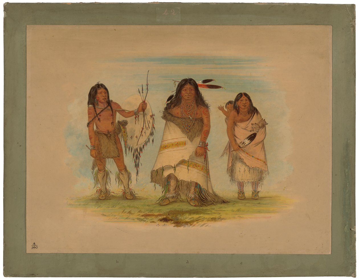 Comanche Chief, His Wife and a Warrior, 1861 (karton üzerine monte edilmiş kart üzerine yağlı boya) by George Catlin