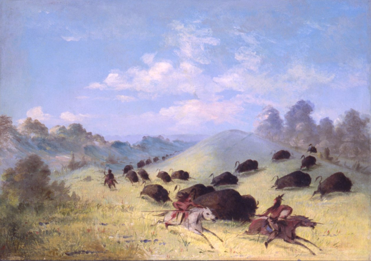 Mızraklı ve Yaylı Bufaloyu Kovalayan Komançi Kızılderilileri, 1846-1848. by George Catlin