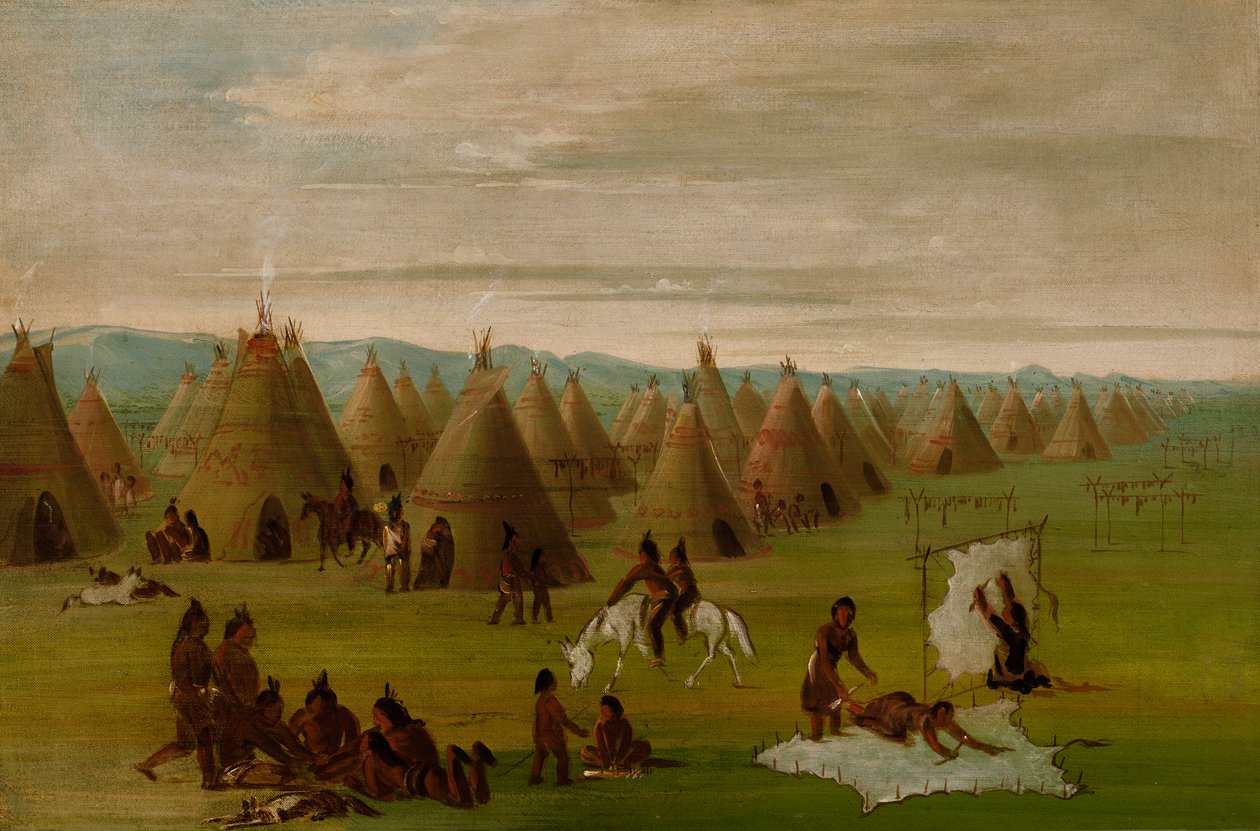 Comanche Köyü, Kadın Sabahlıkları ve Et Kurutma, 1834-1835. by George Catlin