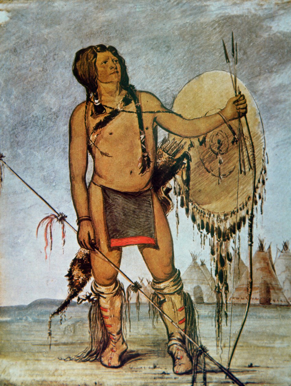 Kalkanı, mızrağı, yayı ve okları olan Komançi savaşçısı, c.1835 (renkli taş) by George Catlin