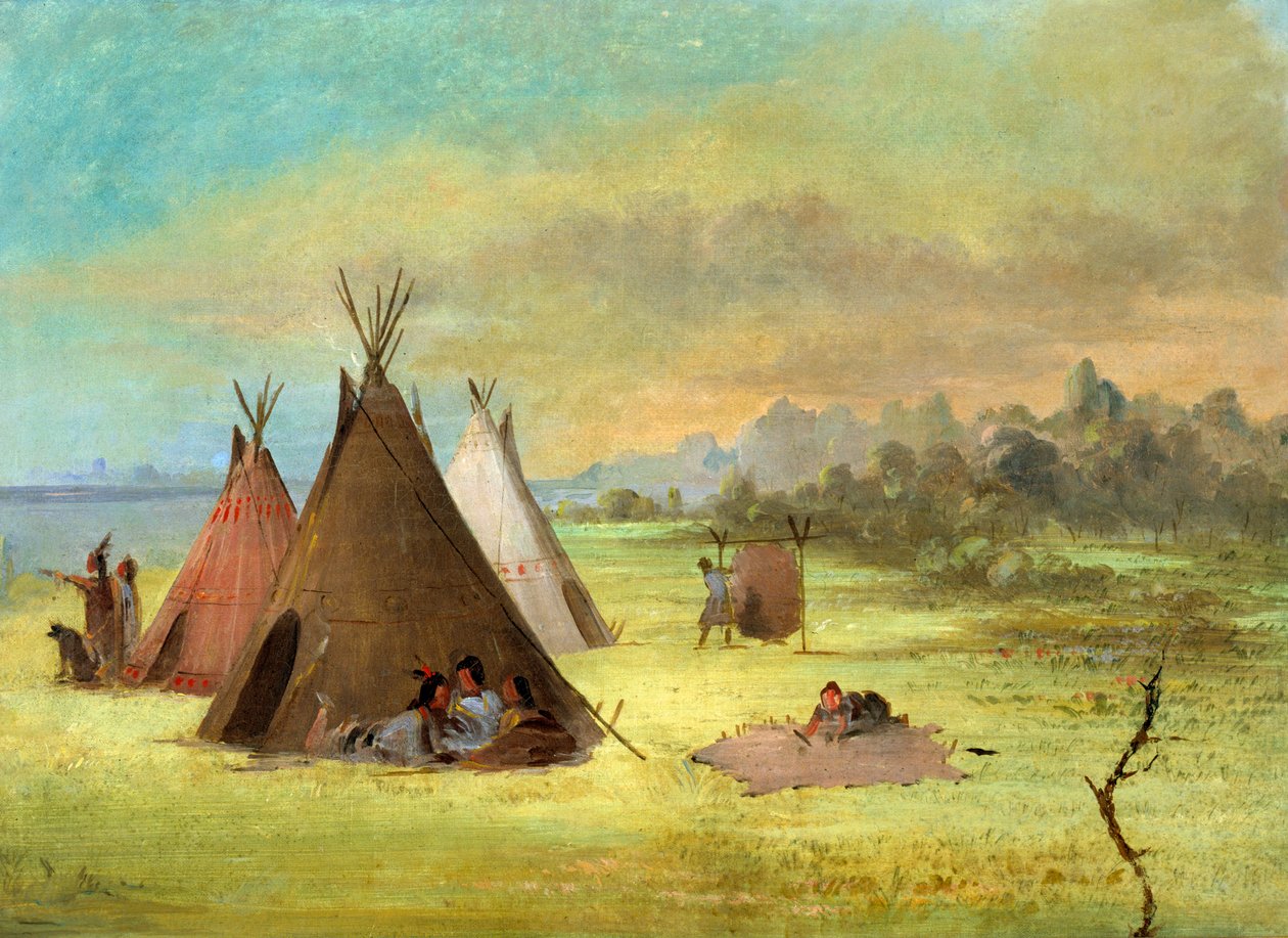 Kızılderili Kampı, Comanche veya Kiowa Giyinme Derileri, Red River, 1846-1848. by George Catlin