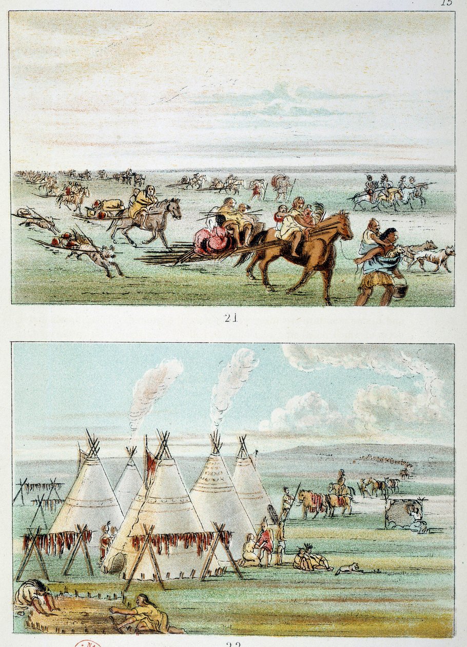 Amerika Kızılderilileri: (üstte) satılık derilerle hareket eden kabile. (Alt) 500 ila 600 tipi kabile. George Catlin