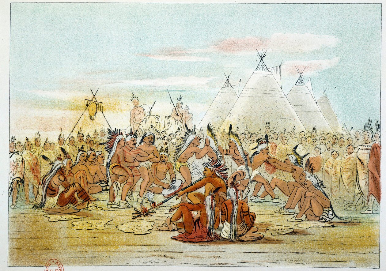 Amerika Kızılderilileri: Siyuların pipo dansına benzeyen Assiniboin kabilesi. George Catlin