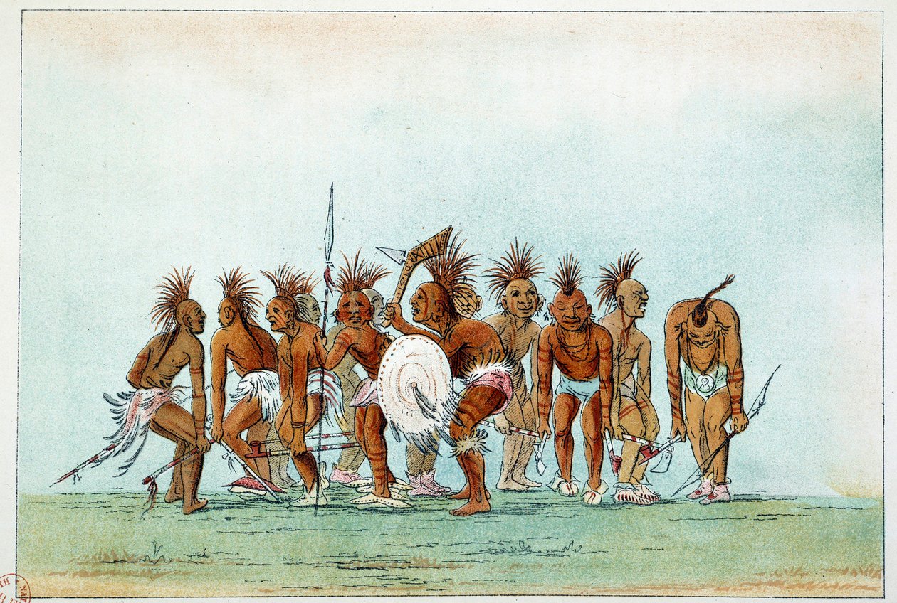 Amerika Kızılderilileri: Kara Şahin kabilesi turistler için dilenci dansı yapıyor. George Catlin