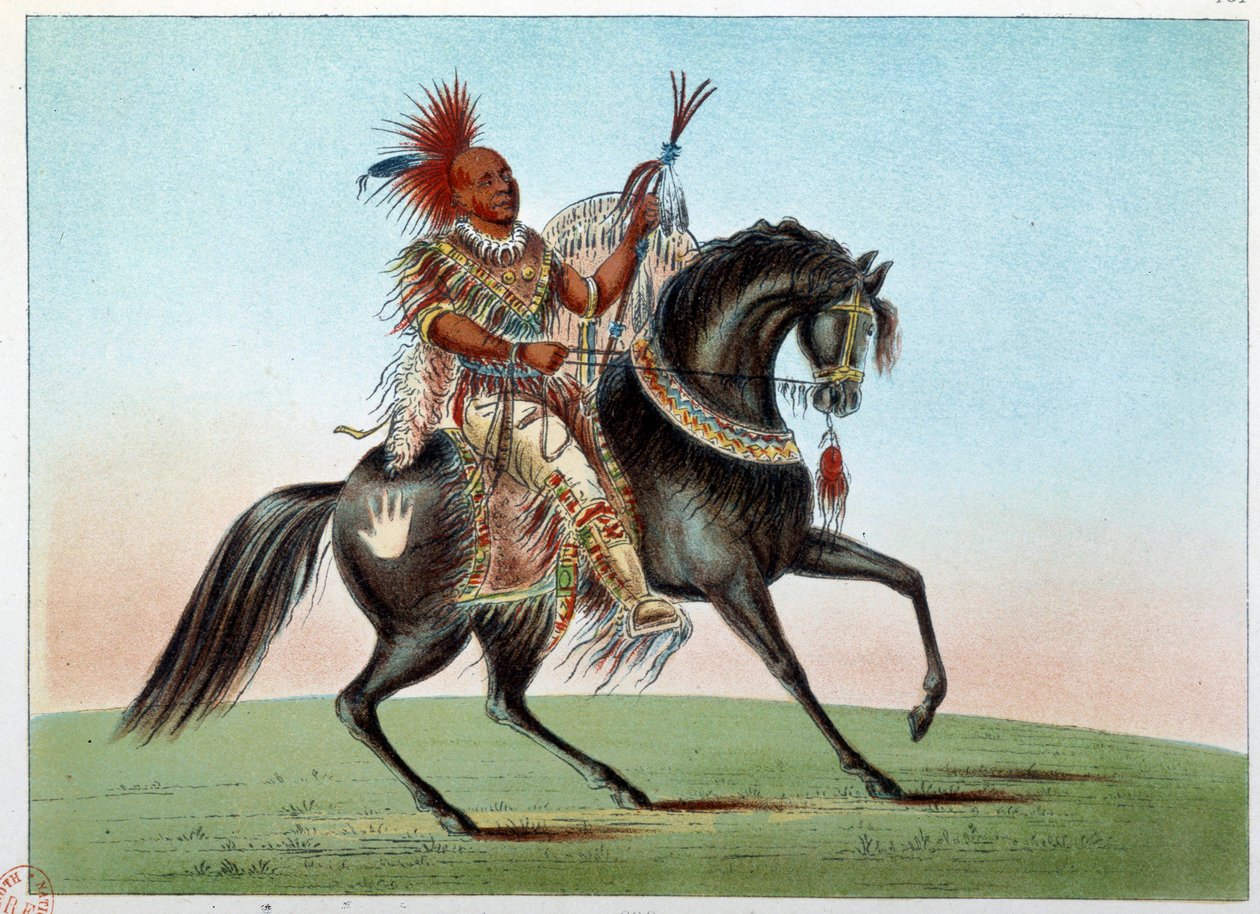 Amerika Kızılderilileri: Saksonya ve Tilki kabilesinin bir Kızılderili şefinin atlı portresi. George Catlin