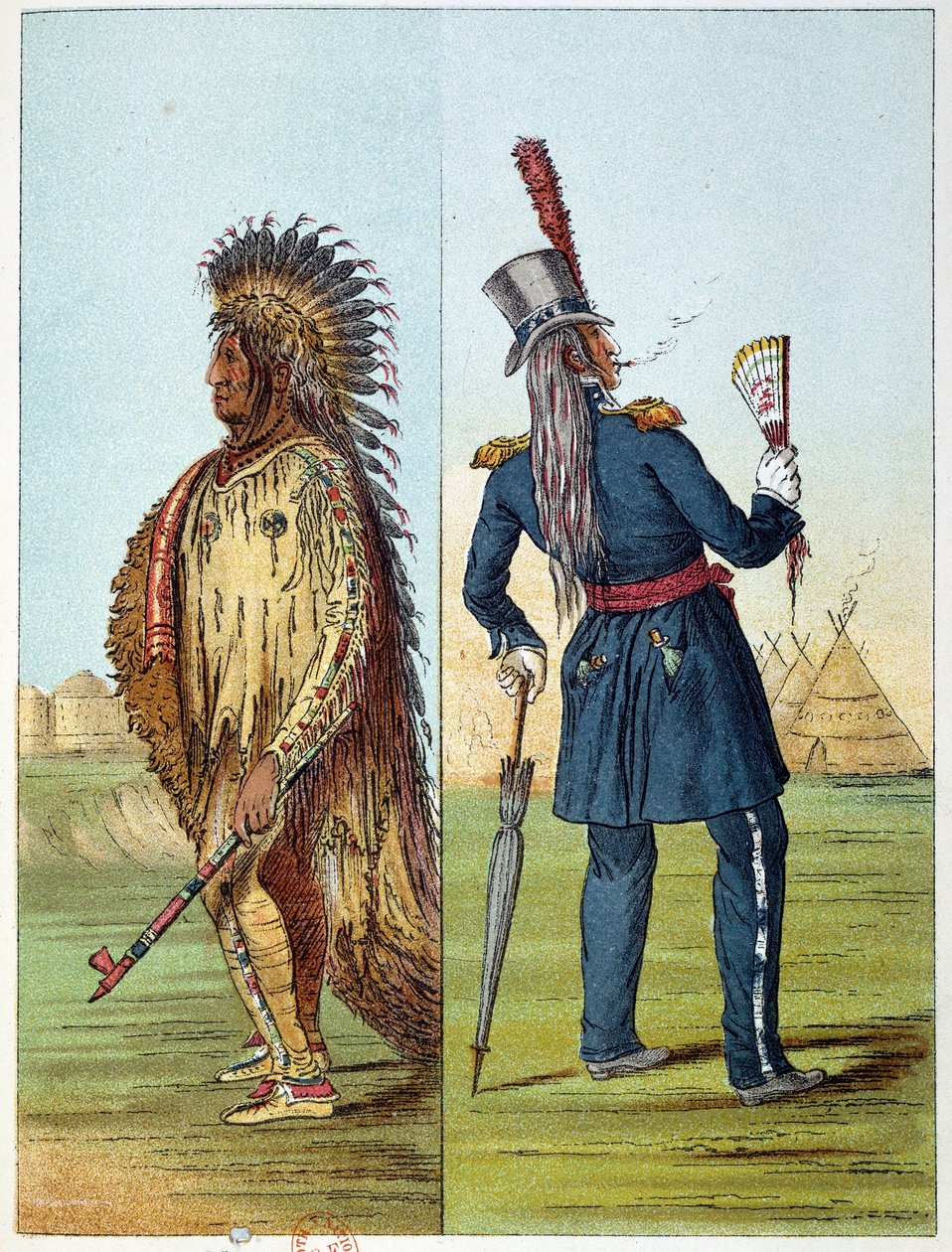 Amerika Kızılderilileri: Ceplerinde iki şişe viski olan askeri bir Hint assiniboine veterineri. George Catlin