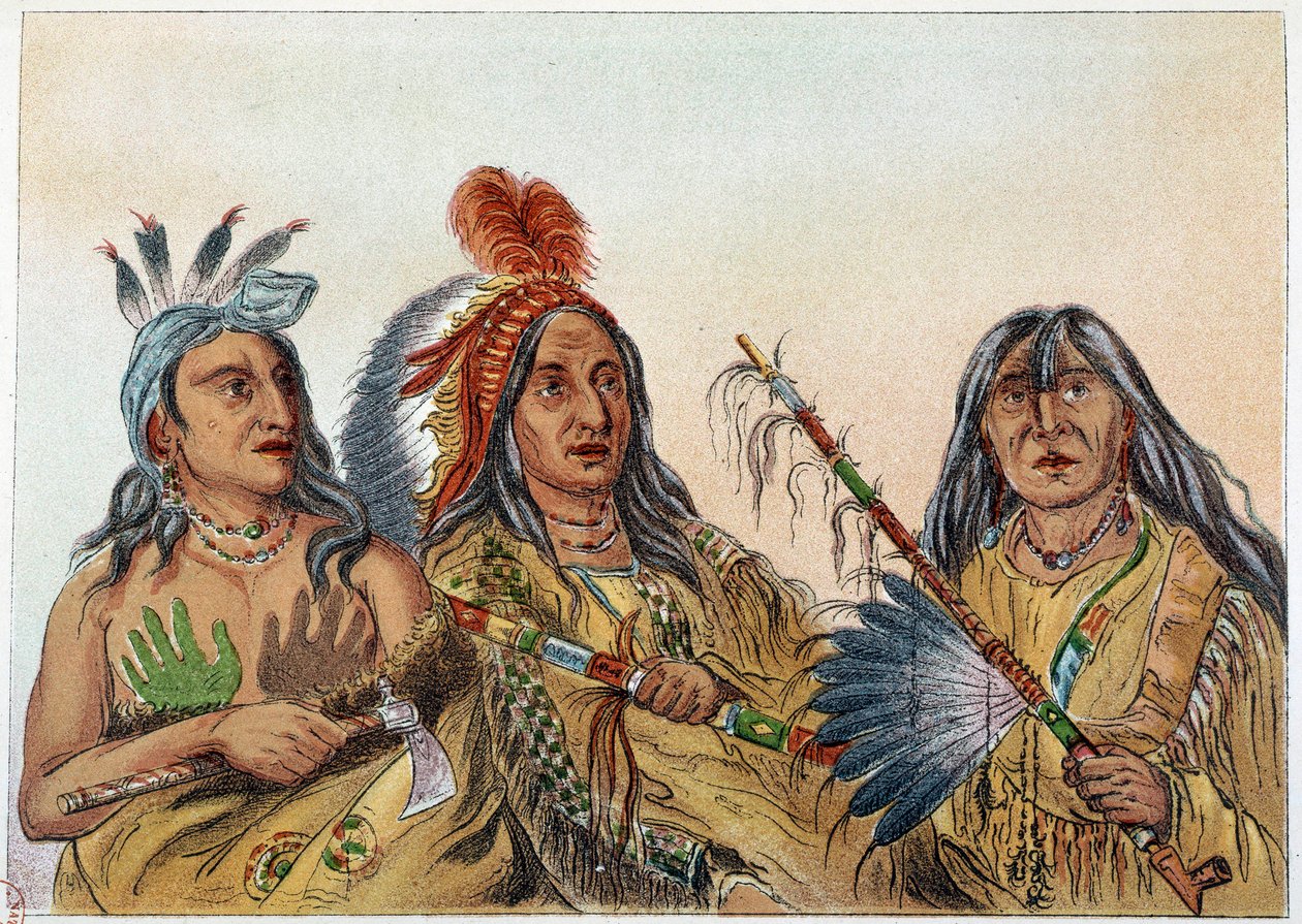 Indians of America: Portrait of Sioux chiefs whose rivalry was constant. Illustration by George Catlin (1794-1872) by George Catlin