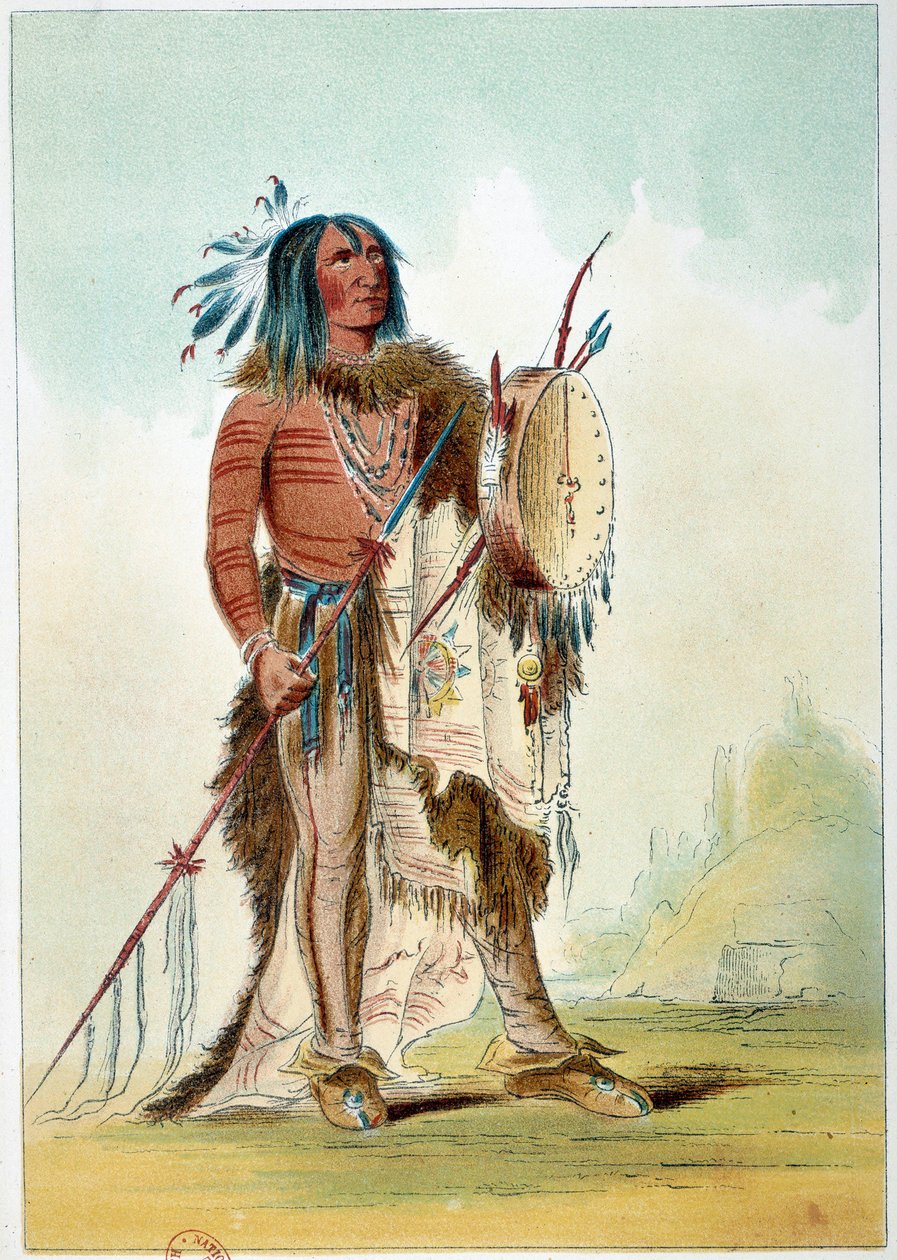 Amerika Kızılderilileri: Doktor olan bir Kızılderili şefinin portresi, içinde çarelerin bulunduğu bir tam tam (tam-tam) tutar. George Catlin