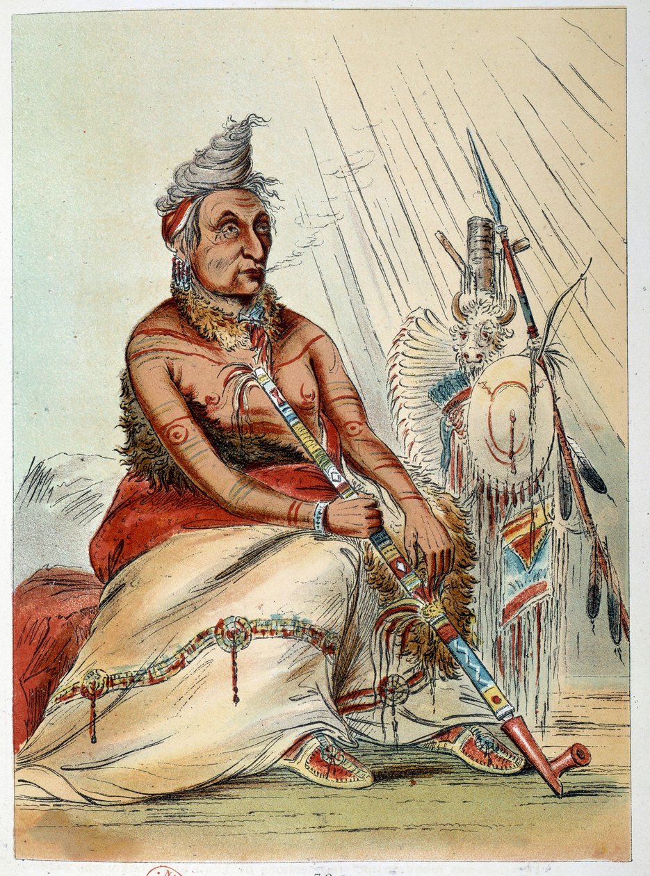 Amerika Kızılderilileri: Siyah Mocassin adlı piposunu içen yaşlı bir Hintli şefin portresi. George Catlin