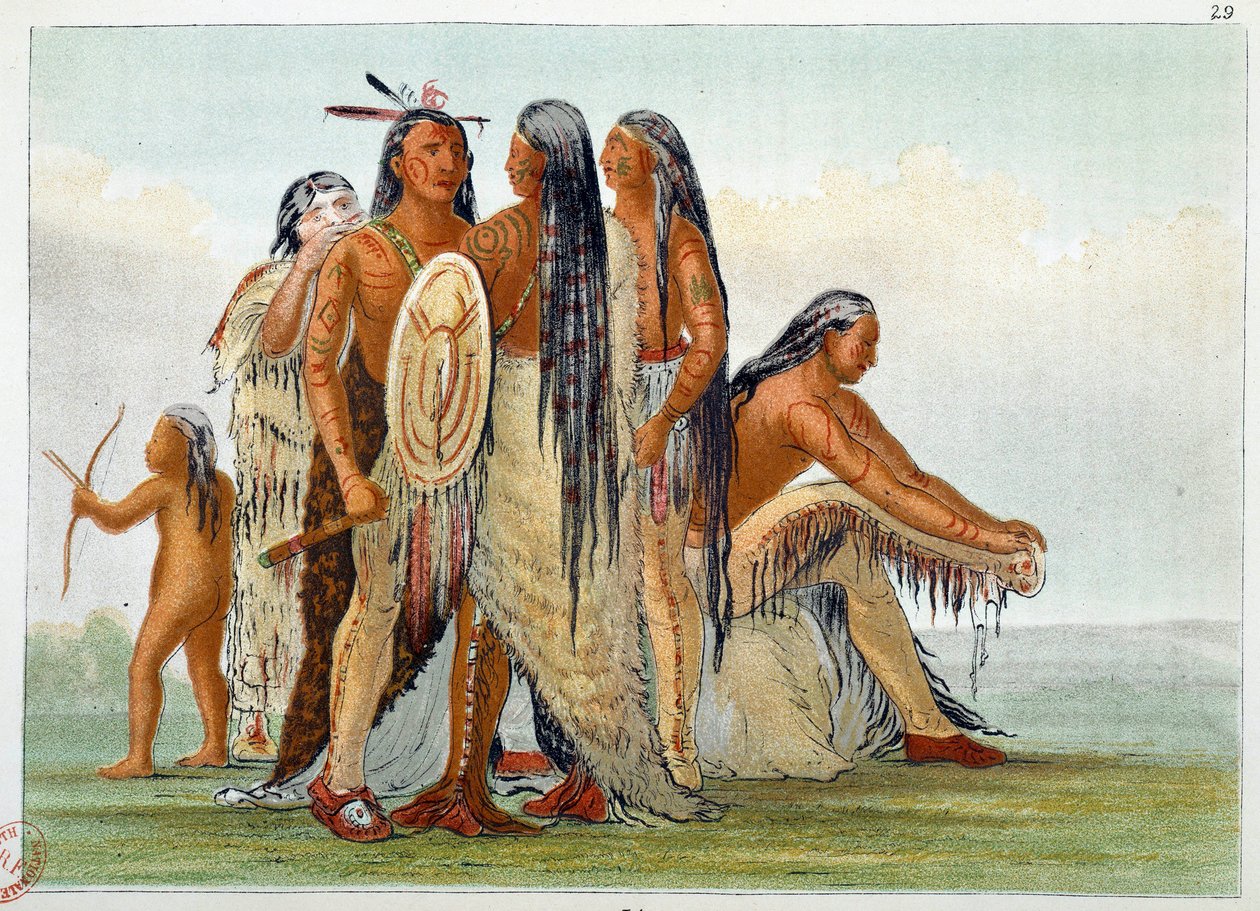 Amerika Kızılderilileri. Mandanlar: Şef San Ja Ka Ko Kah (San-Ja-Ka-Ko-Kah) ailesiyle çevrilidir. George Catlin (1794-1872) tarafından yapılan gravür by George Catlin