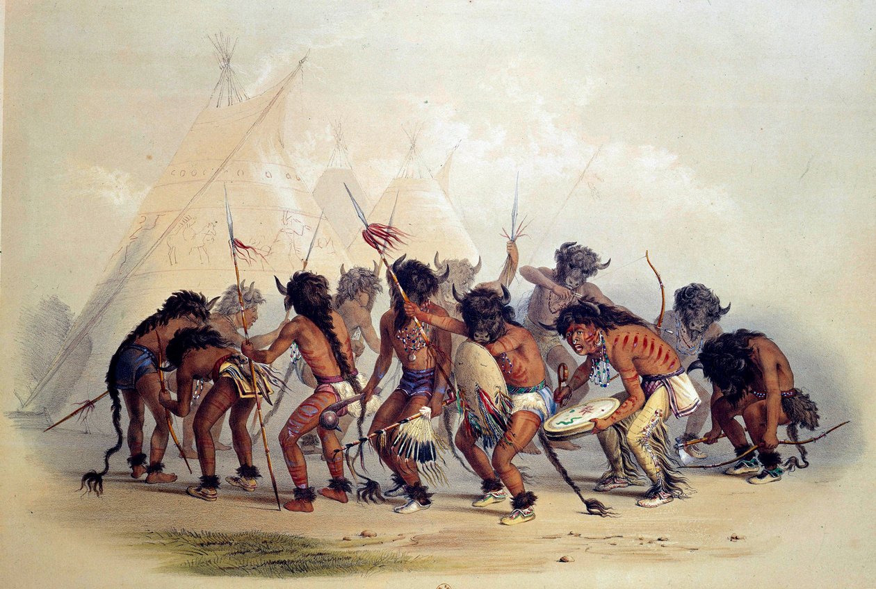 Amerika Kızılderilileri bufalo dansı yapıyor. George Catlin tarafından litografi by George Catlin