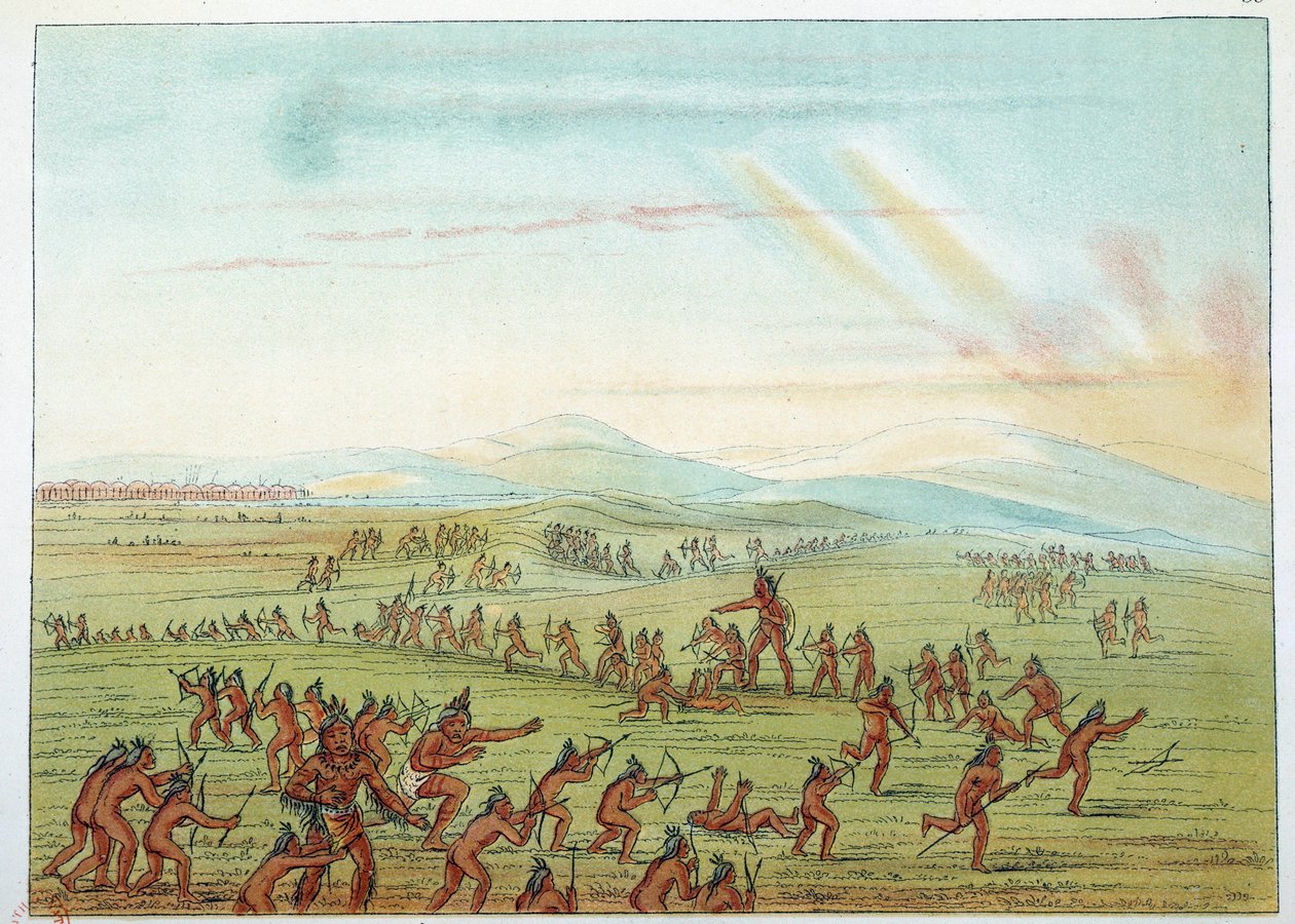 Amerika Kızılderilileri: 7 ila 15 yaş arasındaki Mandans çocuklarına avlanmayı öğretmek. George Catlin