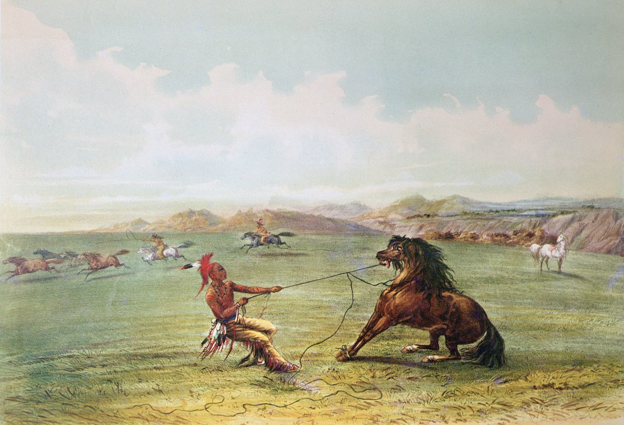 Osage avcıları vahşi atları yakalıyor (renkli taş) by George Catlin