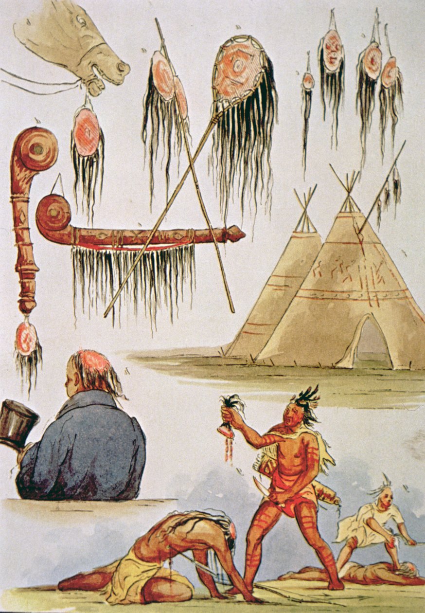 Saç derisinin kazıma ve dekoratif kullanımı (kağıt üzerine sulu boya) by George Catlin